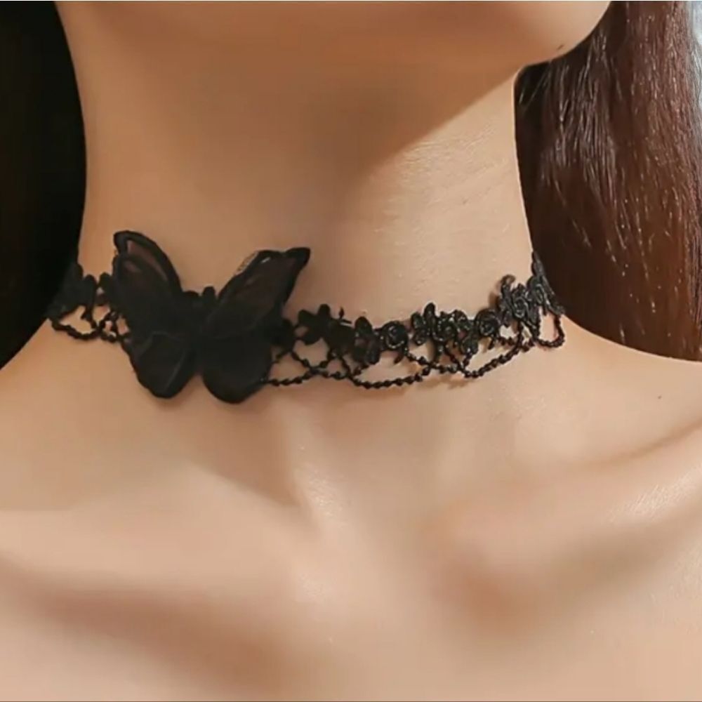 Black Lace Butterfly Choker Necklace Coquette Victorian Goth Embroidered Collar
